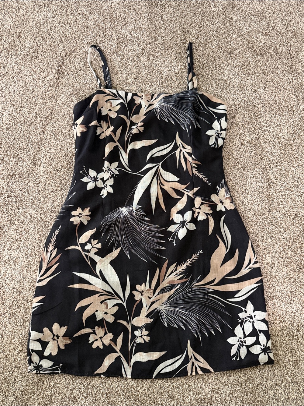 Black Floral Mini Slip Dress with Beige & Cream Botanical Print